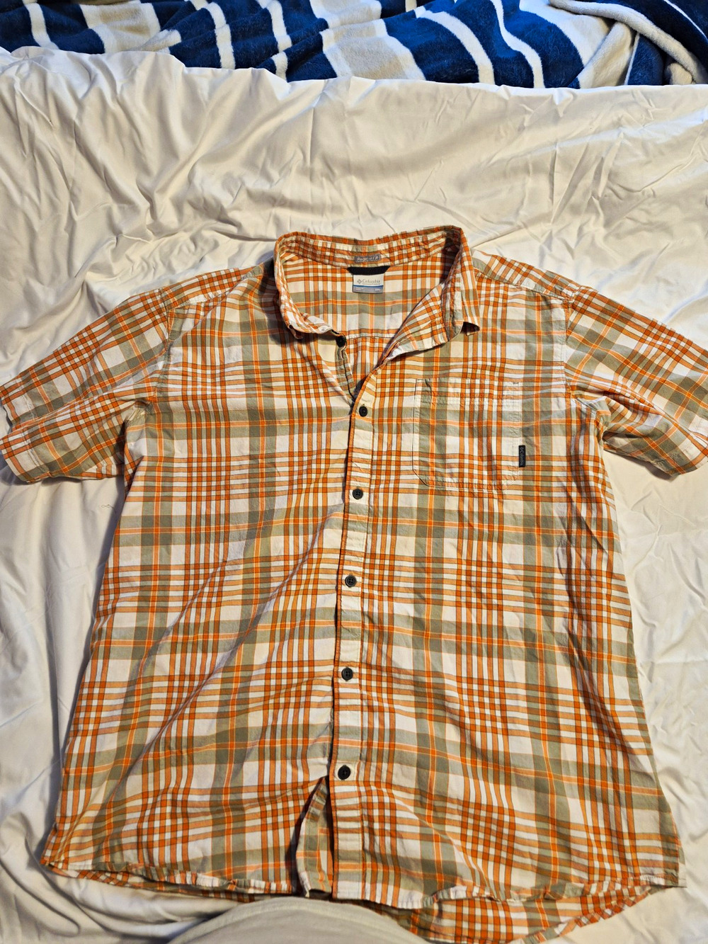 Columbia Regular Fit Plaid Orange Gray White Short Sleeve Button-Up Shirt XXL